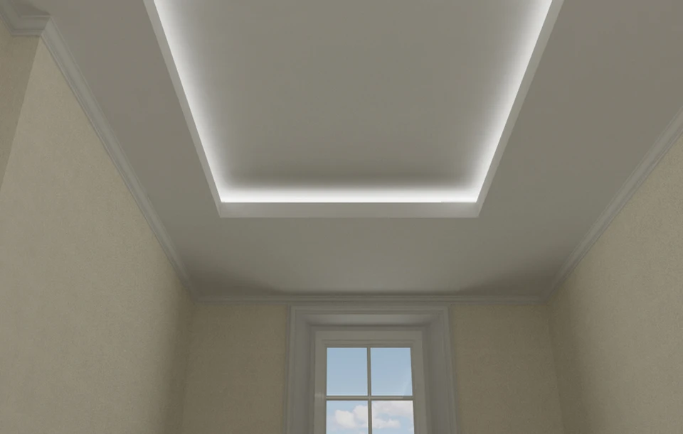 Intérieur résidentiel avec plafond suspendu à caissons lumineux intégrés