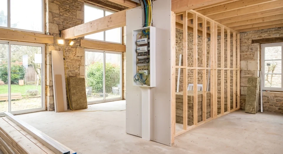 Photographie professionnelle montrant une équipe de professionnels du bâtiment travaillant en coordination sur un chantier de rénovation intérieure : l'un effectuant des travaux d'électricité (câblage ou raccordement), un autre travaillant sur la structure ou l'isolation, dans un environnement d'extension ou de rénovation maison. La scène doit montrer la collaboration et l'organisation des travaux multiples. L'image doit être prise en vraie grandeur, claire, professionnelle et bien éclairée, montrant des ouvriers qualifiés en action sur différentes phases d'un projet global de rénovation.