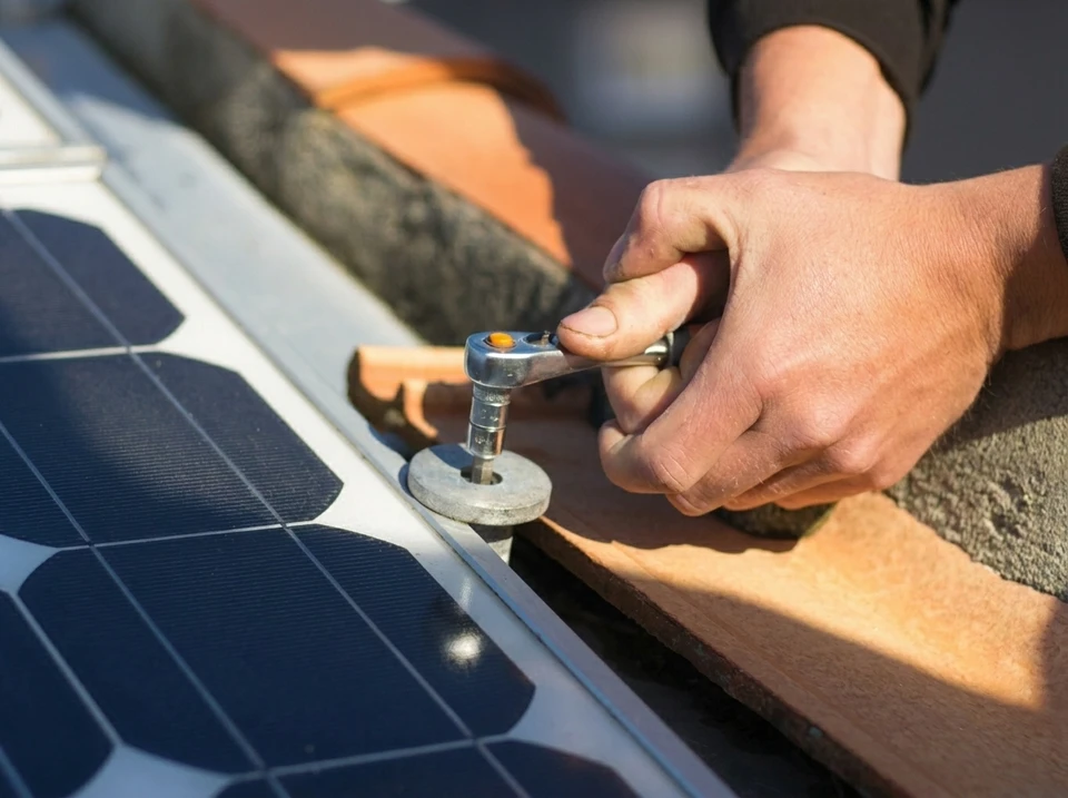 Couvreur professionnel installant des panneaux solaires sur toiture résidentielle