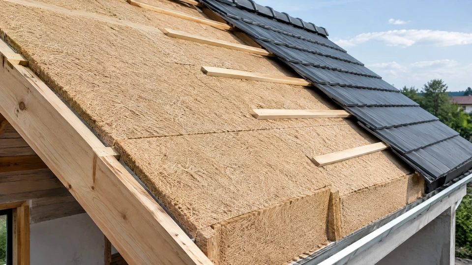 Chantier d'isolation thermique sous toiture avec pose d'isolant en laine minérale jaune entre chevrons métalliques